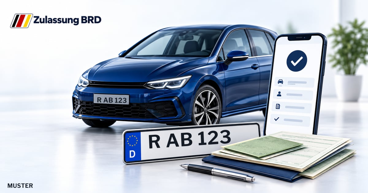 Online Fahrzeugzulassung in Regenstauf: Musterkennzeichen R AB 123, Auto und Fahrzeugpapiere und Smartphone. Illustration mit Logo von Zulassung BRD.